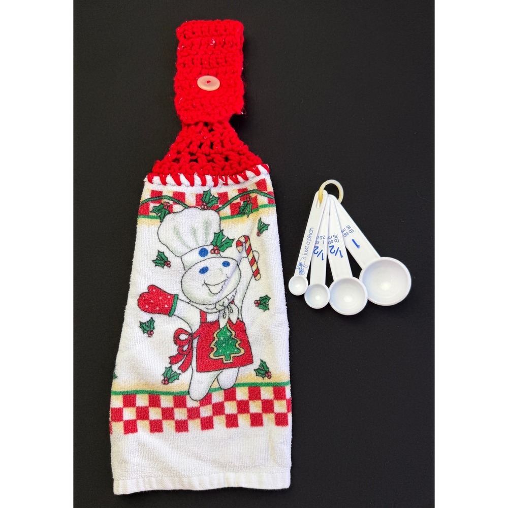 Pillsbury Doughboy Vintage Christmas Hanging Towel & Measuring Spoons Set 1998